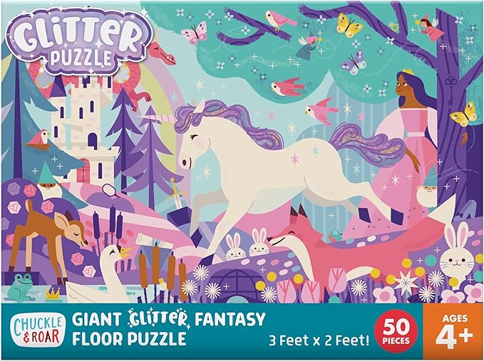 Chuckle & Roar Glitter Fantasy Fun Floor Puzzle – 50 Piece Giant Kids Puzzle, 3 ft x 2 ft, Jumbo Pieces for Preschoolers, Screen-Free Play Ages 3+