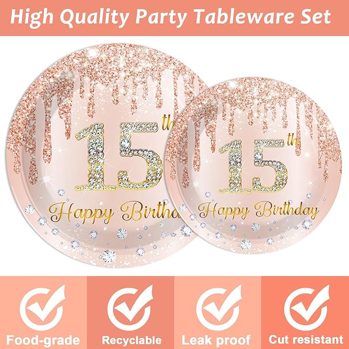 96Pcs 15th Birthday Party Plates and Napkins for 15 Year Old Birthday Party Supplies Rose Gold Paper Dessert Plates 15th Birthday Tableware Set for Girls Women 24 Guests Party Decorations
