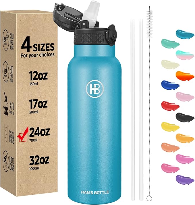 Han's Bottle Sports Water Bottle - 24 Oz, Straw Lid, Leak Proof, Vacuum Insulated Stainless Steel, Double Walled, Thermo Mug,Ocean