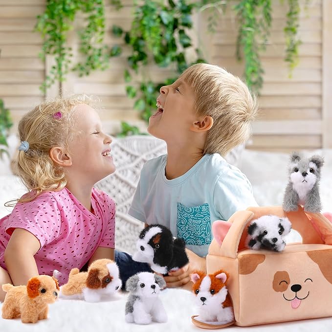 Blueweenly 8 Pcs Small Dog Stuffed Animal Set Plush House with 7 Fluffy Puppy Stuffed Animals Dog Toys for Kids Birthday Gifts Pet Party Favors Classroom Rewards