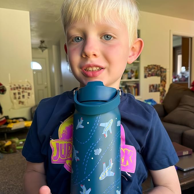 OLDLEY kids Water Bottle - 18oz Insulated Stainless Steel - Wide Straw Lid, Non Spill, Leakproof, Kids Water Bottle for School,Airplane