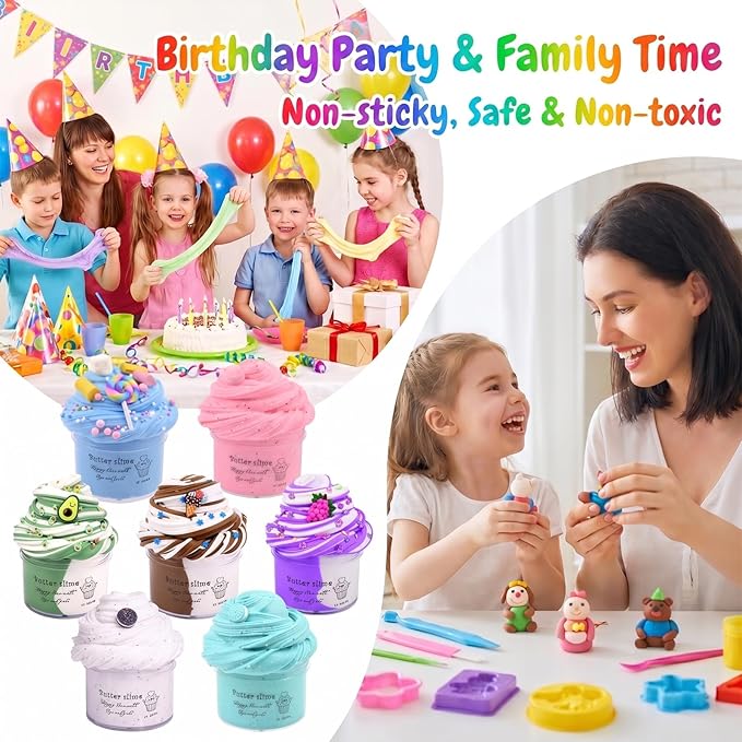 7 Pack Cake Butter Slime Kits, Soft and Non-Sticky, Birthday Gifts for Kids, for Girls and Boys Party Favor Gifts, Stress Relief Toys