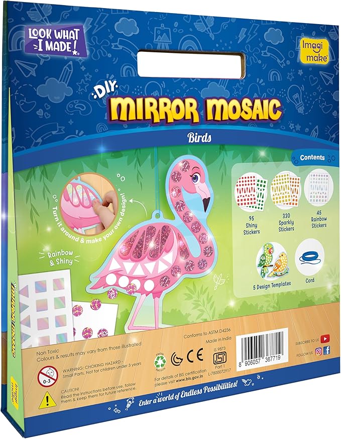 Imagimake Mirror Mosaic Birds Art Set |DIY Craft Kits | Foil Stickers for Boys |Activities for Kids Ages 3-5 | Art Kit for Toddlers | Crafts for Kids Ages 4-8 | 3,4,5,6,7 Year Old Girl Birthday Gift