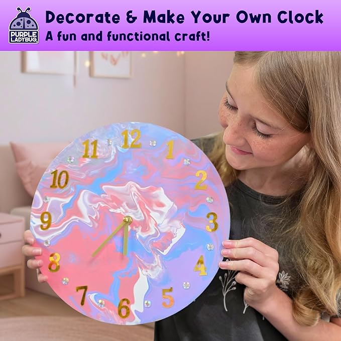 PURPLE LADYBUG Paint Pouring DIY Clock Kit - Arts and Crafts for Kids Ages 8-12, Painting Kit for Kids 6-8 - Gifts for 6-12 Years Old Girls & Boys Birthday - Tween & Teen Girl Gifts Ideas