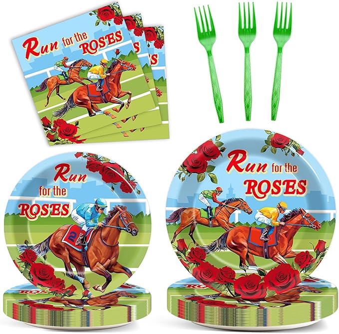 Qyeahkj 100 Pcs Kentucky Party Supplies Derby Day Tableware Set Run for The Roses Party Plates Napkins Forks Disposable Horse Racing Decorations for Equestrian Enthusiasts Race Day Serves 25