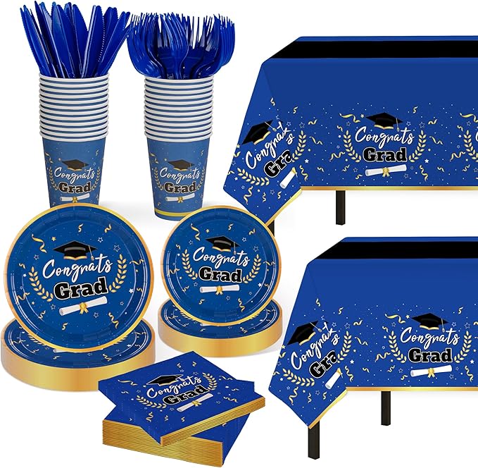 Graduation Decorations Class of 2026 Graduation Party Decorations,147 PCS Disposable Congrats Grad Tableware,Blue and Black Tablecloth Knives Fork Plates Napkin Cups for School,College,Party,Serve 24