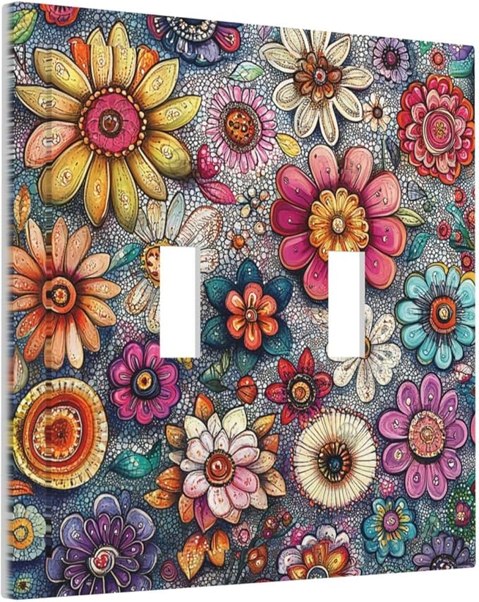 Decorative Switch Plates Colorful Rainbow Pointillisme Flower 2 Gang Double Toggle Outlet Light Switch Cover Wall Plate Electrical Faceplate For Bed Room Home Decor
