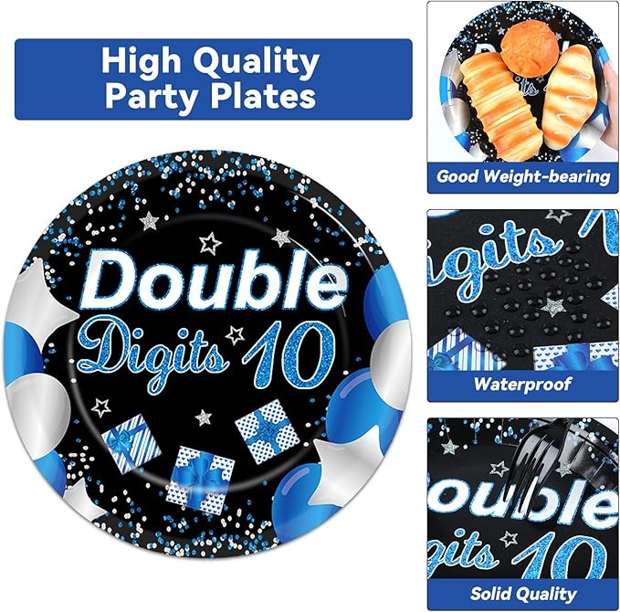Qyeahkj 100 Pcs 10th Birthday Decorations for Boys Official Teen 10th Supplies Plate Napkin Forks Set Disposable Blue 10th Birthday Tableware Paper Plates Dinnerware for Kids Teenager Favors Serve 25