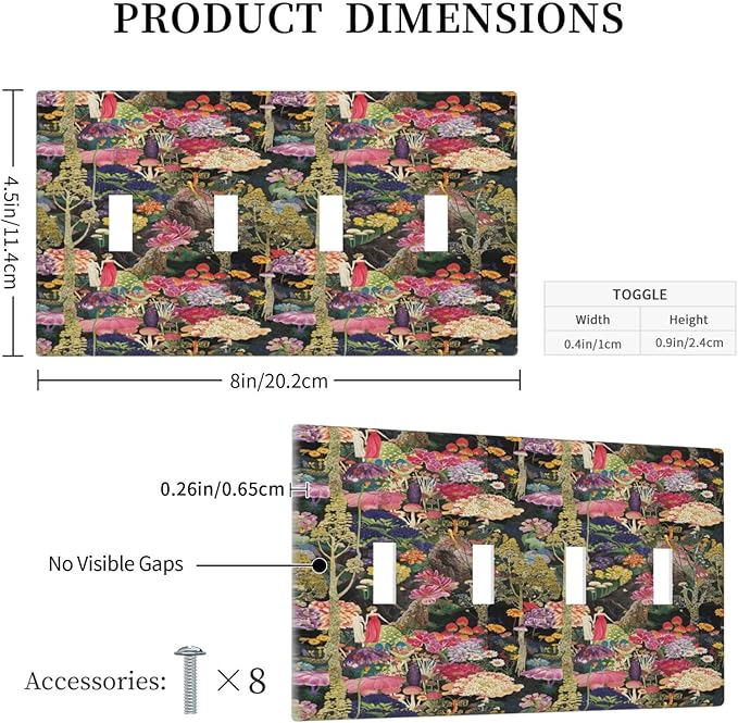 Dreamy Tropical Rainforest Colorful Mushroom Wildflower Light Switch Covers Quad Toggle Electrical Faceplate 4 Gang Wall Plate Decorative Switch Plates Cover for Farmhouse Kids Room Decor
