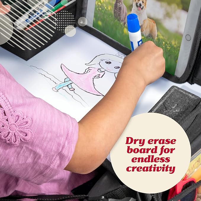 Lusso Gear Car Seat Activity Tray - Dry-Erase Top & Toddler Travel Essential - Mesh Pockets & Car Back Seat Organizer - Cup Holder & Road Trip Essentials for Kids - 600D Oxford Material