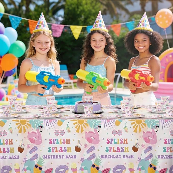 MEHOFOND Splish Splash Birthday Party Supplies Tableware Set 193 Pcs, Summer Pool Party Disposable Plates Cups Napkins Cutlery with Plastic Tablecloth for Girls Tropical Birthday Party