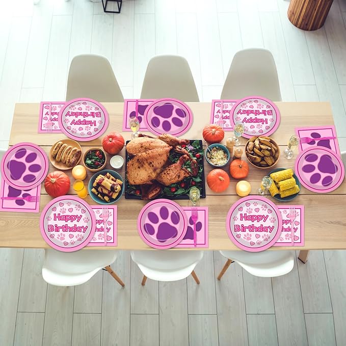 96 Pcs Pink Paw Birthday Party Plates and Napkins Puppy Print Party Decorations Dog Theme Supplies Lets Pawty Paper Dessert Plates Tableware Set for Kids Boy Girl Baby Shower 24 Guests