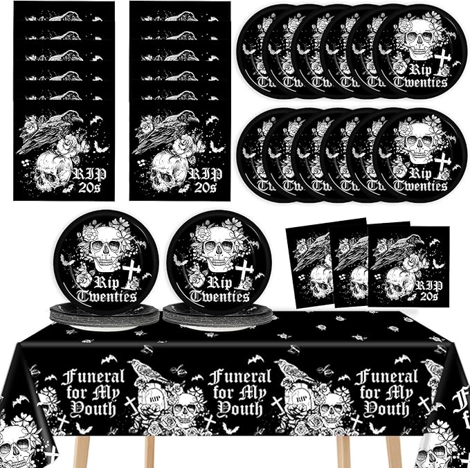 Death to My 20s Party Supplies Serves 24 Rip To My 20s Birthday Decorations Party Paper Plates Napkins 30th Birthday Disposable Tablecloth Set Tableware Kit for My Youth Funeral Party