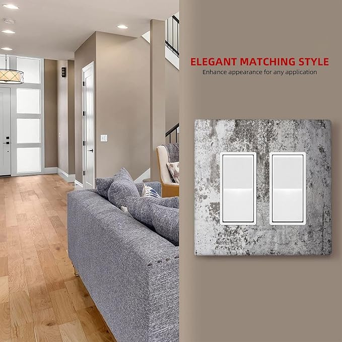 Outlet Covers Gray White Speckled Weathered Concrete Wall 2 Gang Double Rocker Light Switch Cover Plate Decorative Wall Plate GFCI Socket Cover Electrical Switch Plate Covers for Bedroom Home