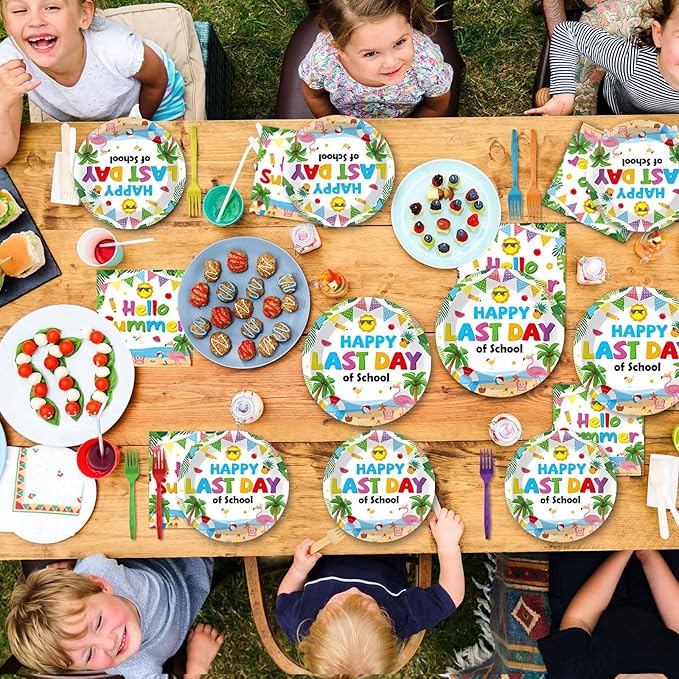 96 Pcs Happy Last Day of School Paper Party Plates and Napkins for Summer Tropical Beach Pool Supplies Summer End of School Year Dessert Tableware Set for 24 Guests Birthday Party Decorations