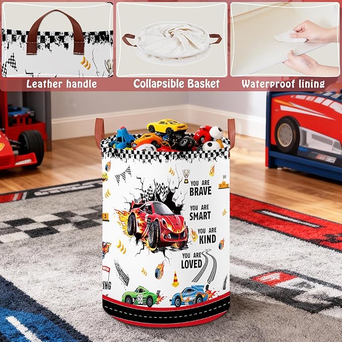 Race Car Room Decor Laundry Basket,Waterproof Car Themed Storage Bins for Boys,Collapsible Kids Nursery Hamper with Race Car Parking Sign(Round)