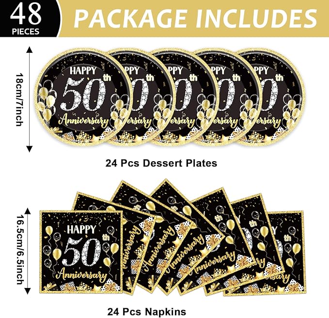 48Pcs 50th Anniversary Paper Plates Napkins Wedding Party Decorations Employee Career Retirements Party Supplies Black Gold Disposable Dinner Tableware Set for Birthday Anniversary Graduation Serve 24
