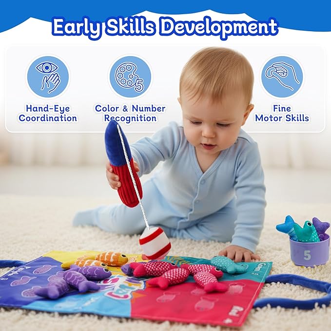 Montessori Toys for 1 Year Old, Cloth Fishing Game for Babies 6–18 Months, Soft Learning Toy with Stacking Cups, Fine Motor Skills & Color Recognition for Boys & Girls