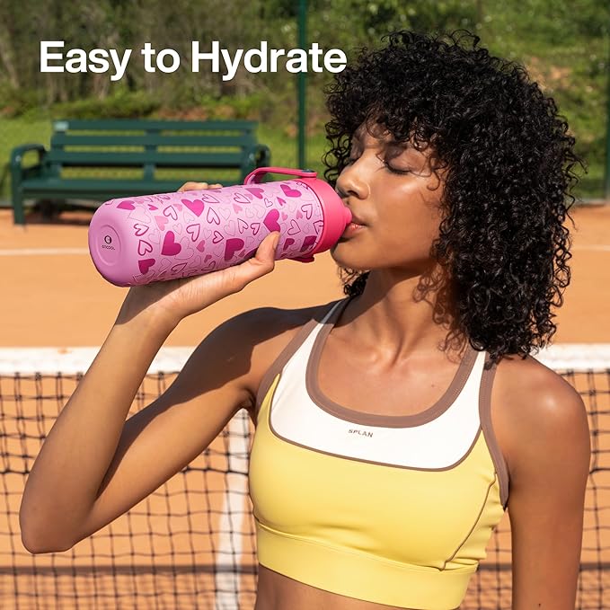 ENCOOL Valentine's Day Insulated Water Bottle with Straw Stainless Steel Water Bottle, Leak-Proof, BPA-Free, Keeps Cold for 24 Hours for Sports, Travel, School (26 oz, Sweet Hearts Pink x Pink)