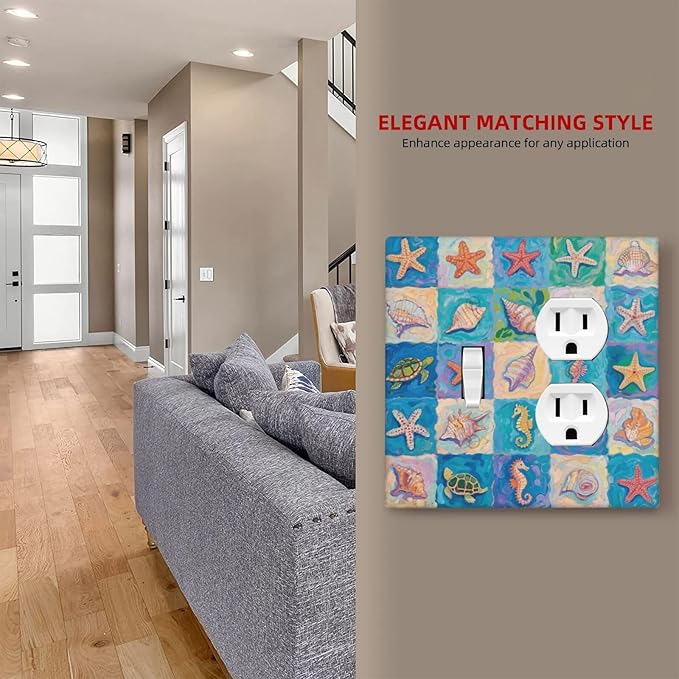 Sea Turtle Starfish Ocean Single Toggle Duplex Combo Outlet Wall Plate Decorative 2 Gang Light Switch Covers Electrical Switchplate Home Decorate Faceplat for Bathroom Bedroom Kitchen Room