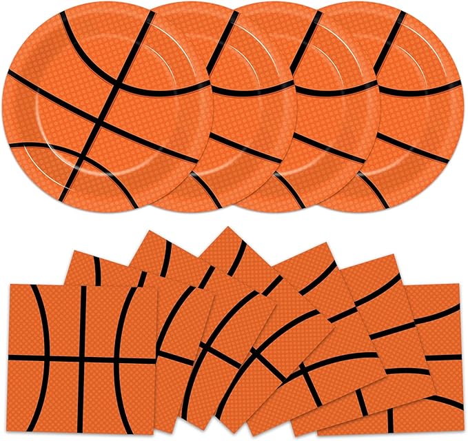 48Pcs Basketball Paper Plates and Napkins Basketball Birthday Party Decorations Sport Party Supplies Black Orange Dessert Plates Disposable Tableware Set for Teenagers Kids Boys Adults Serve 24