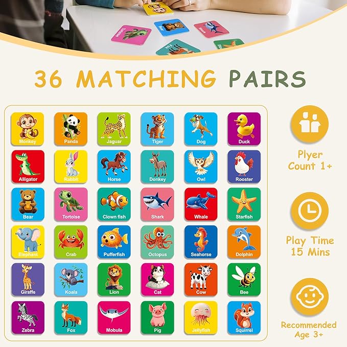 72 PCS Memory Match Game, Animial Matching Game for Kids 3 and up, Enhanced Memory Skills for Toddlers Ages 3 and Up