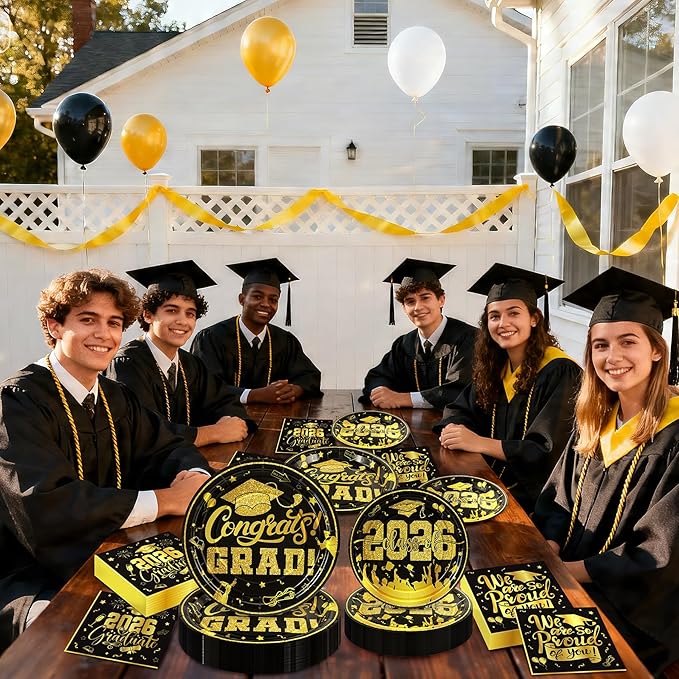 144Pcs 2026 Graduation Plates and Napkins for 48 Guests, Black and Gold Congrats Grad Party Supplies, Class of 2026 Disposable Paper Plates Napkins Forks for Graduation Party Decorations