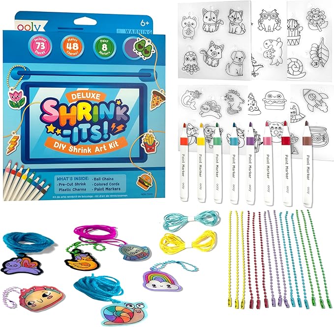 Ooly 73 PC DIY Shrinking Art Kit with 8 Paint Markers, Includes 48 Plastic Pre Cut Charms, 15 Colored Ball Chains and 2 Colored Cords, No Mess Creative Activity Jewelry Making Kit
