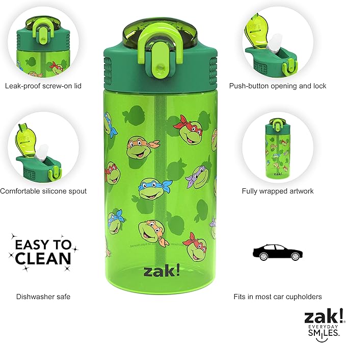 Zak Designs Teenage Mutant Ninja Turtles Kids Water Bottle For School or Travel, 16oz 2-Pack Durable Plastic Water Bottle With Straw, Handle, and Leak-Proof, Pop-Up Spout Cover (TMNT)