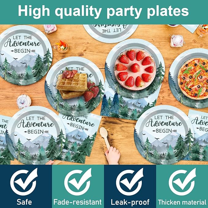 ZOIIWA Adventure Awaits Tableware Set Let The Adventure Begin Plates Napkins Tree Mountain Wilderness Tablecloths Winter Party Dinnerware for Kids Baby Shower Birthday Party Decor Supplies