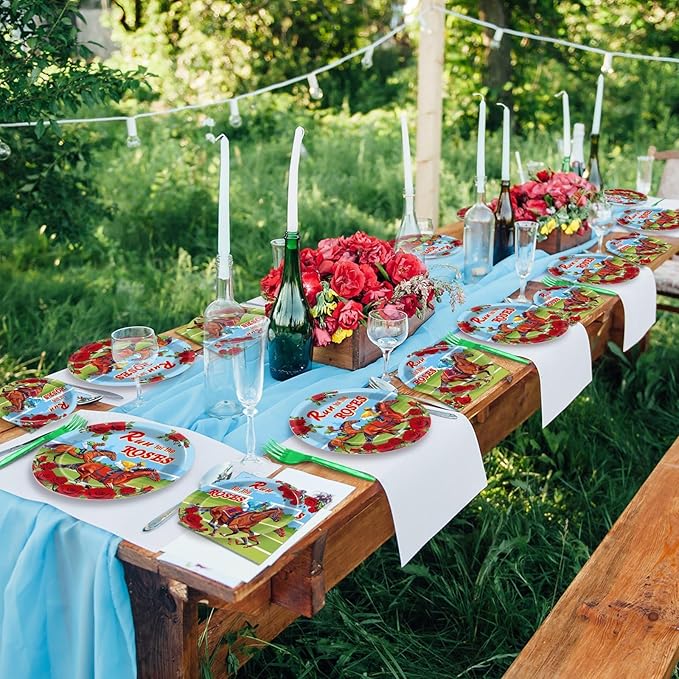 Qyeahkj 100 Pcs Kentucky Party Supplies Derby Day Tableware Set Run for The Roses Party Plates Napkins Forks Disposable Horse Racing Decorations for Equestrian Enthusiasts Race Day Serves 25