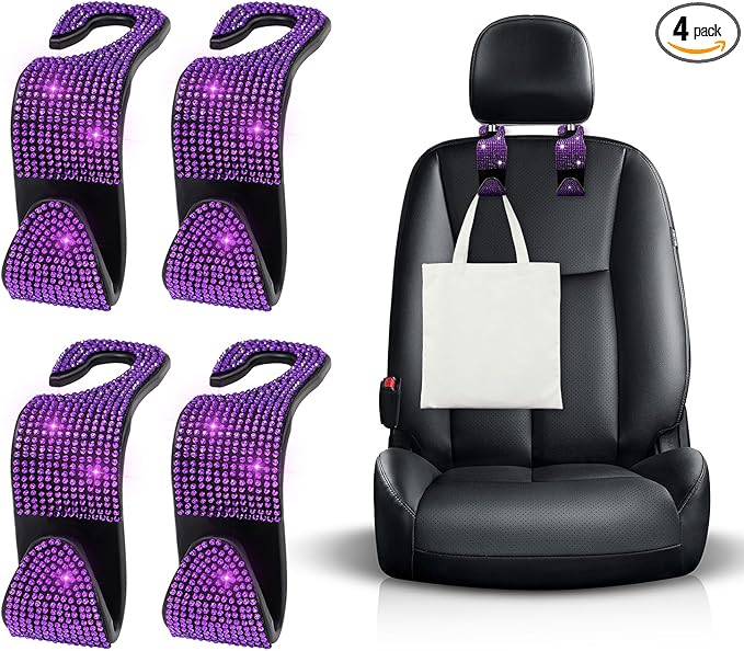 Ohleats 4 PCS Bling Car Seat Headrest Hooks, Crystal Rhinestone Back Seat Hanging Storage Organizer, Vehicle Seat Hanger Holder for Purse Handbag Coat, Interior Car Accessories (Purple)