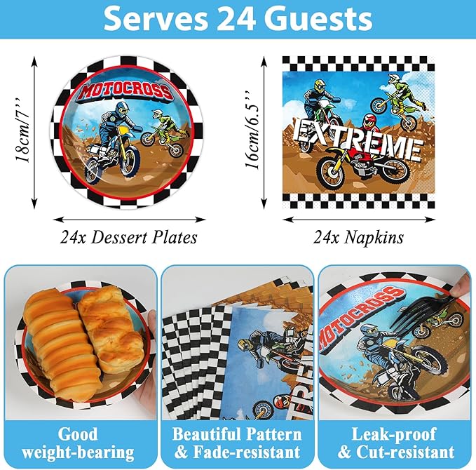 Dirt Bike Birthday Party Supplies Serves 24 Motorcycle Party Paper Plates Napkins Set Motocross Dirt Bike Tablecloth Tableware Kit for Baby Shower Decorations Kids Boys Girls