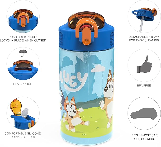 Zak Designs Bluey Kids Water Bottle Durable Plastic Spout Cover and Built-in Carrying Loop, Leak-Proof Water Design for Travel, (16oz, 2pc Set), 2pk