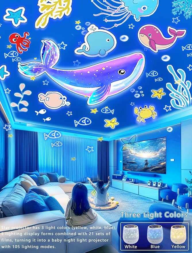 Projector Night Light for Kids + 21 Sets of Films, Night Light Projector for Bedroom, Ceiling, Kids Star Galaxy Projector with 360° Rotation for Baby Girl Boy, Birthday, Christmas, Nursery, Room Decor