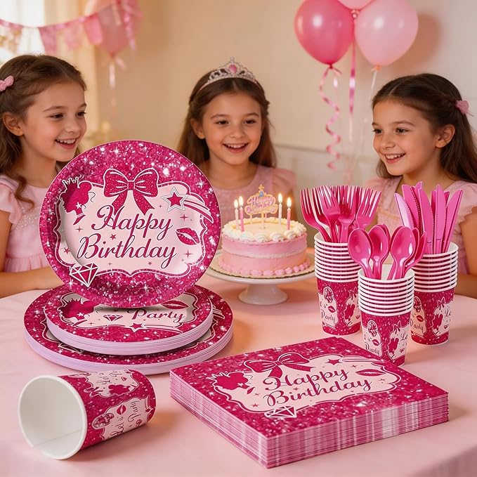 Hot Pink Dolls Themed Party Supplies for Girls Pink Birthday Party, Princess Party Decorations Disposable Tableware Set With Plates, Cups, Napkins & Cutlery For 24 Guests