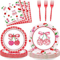 96Pcs Cherries Theme Plates and Napkins Pink Bow Cherry Birthday Party Decoration Disco Ball Disposable Dessert Cake Plates Cherries Paper Dinner Tableware for 24 Guests Girls Boys Kids Party Supplies