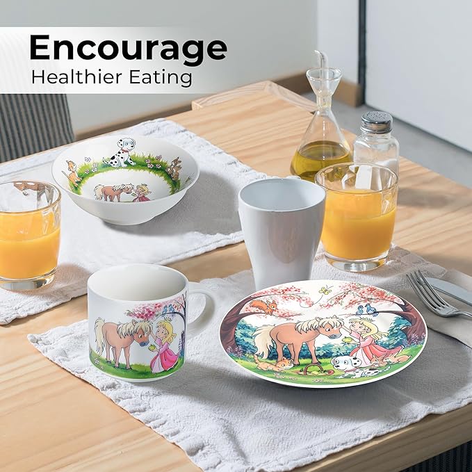 MIAMIO – Set of 3 Kids Dinnerware Set/Porcelain Children Dishes, Kids Dish Set, Children’s Tableware Set - Includes Plate, Bowl and Cup – For Kids and Toddler (Princess)