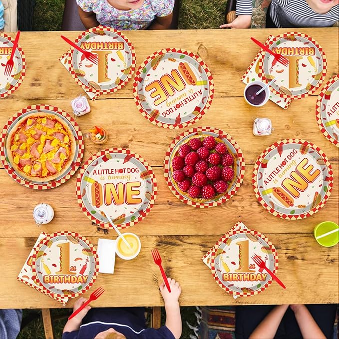 96Pcs Hot Dog Party Supplies 1st Birthday Plates and Napkins Fast Food Sausage Hotdogs Disposable Tableware Sets for Kids Boys One Year Old Birthday Baby Shower Party Decorations Serves 24