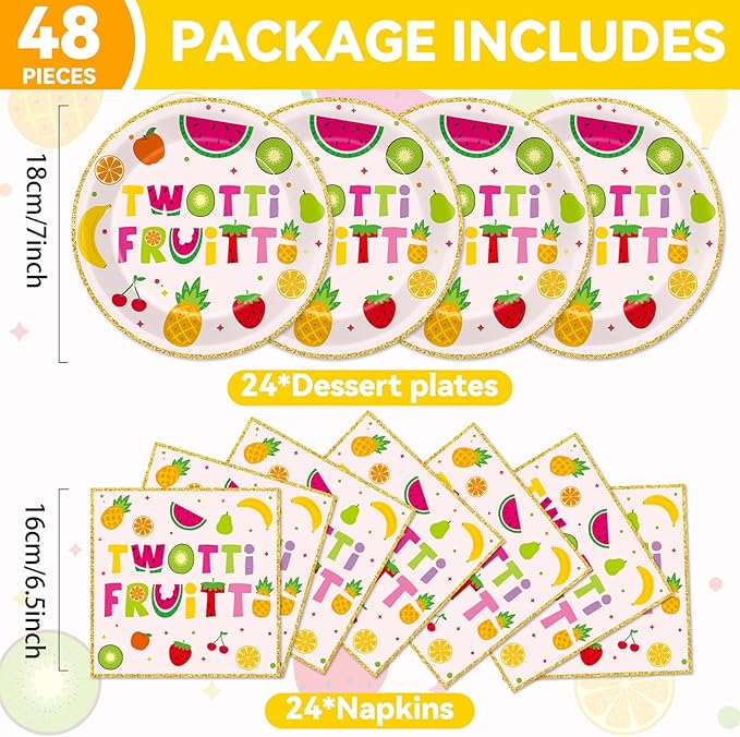 Qyeahkj 48Pcs Twotti Frutti Paper Plates and Napkins Summer Fruit 2nd Birthday Party Decorations Second Birthday Party Supplies Summer Fruit Disposable Tableware Set for Kids Boys Girls Serve 24