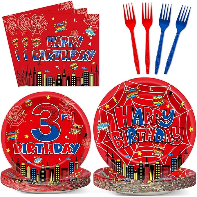 96Pcs Spider 3rd Birthday Party Decorations Cartoon Spider Theme Plates Napkins Red Blue Hero Tableware set Super Theme Hero 3rd Birthday Decoration Favors for Kids 3 Year Old Party Supplies Serve 24