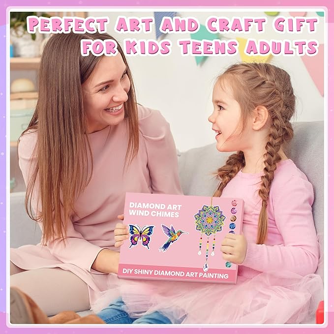 Arts and Crafts for Kids Ages 8-12, Diamond Art Kits for Kids Birthday Gifts for 5 6 7 8 9 10 11 Year Old Girls Diamond Painting Kits for Adults Teen, Gem Art Suncatcher Wind Chime for Home Garden