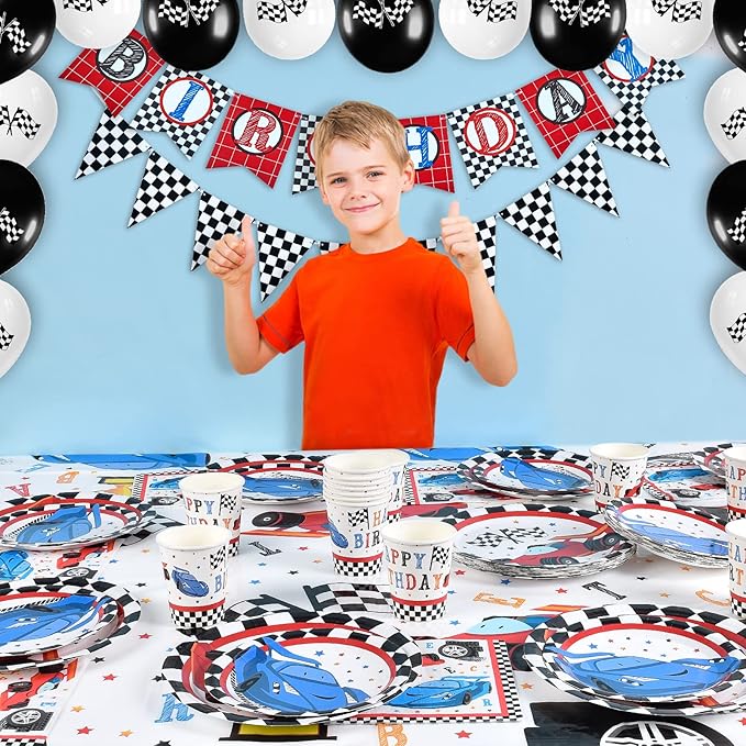 WERNNSAI Race Car Party Supplies - 48PCS Checked Racing Party Plates Napkins Disposable Tableware Set Race Car Birthday Decorations for Boys Birthday Baby Shower Decorations Serves 16 Guests