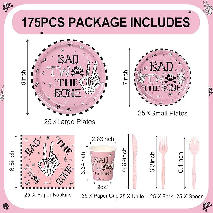 175 PCS Bad Two the Bone Party Decorations Girl, Pink Rock and Roll 2nd Birthday Party Plates and Napkins Skeleton 2nd Birthday Decorations for Girl, Serve 25