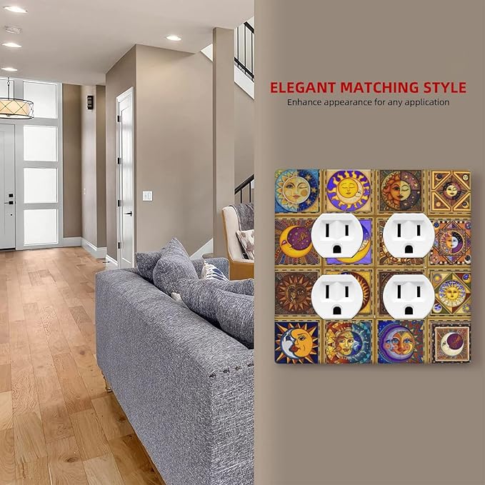 Mexican Talavera Tiles Star Pattern Celestials Theme Print Outlet Covers 2 Gang Double Duplex Decorative Light Switch Covers Electrical Wallplates Socket Faceplate for Kitchen Home Decor