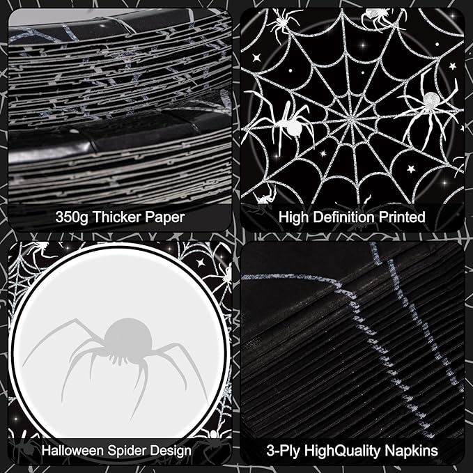 96 Pcs Halloween Plates and Napkins Set - Black Spider Webs Dinner Dessert Paper Plates Cocktail Napkins Forks Disposable Tableware for Spiderweb Halloween Party Decorations Supplies Favors, Serve 24