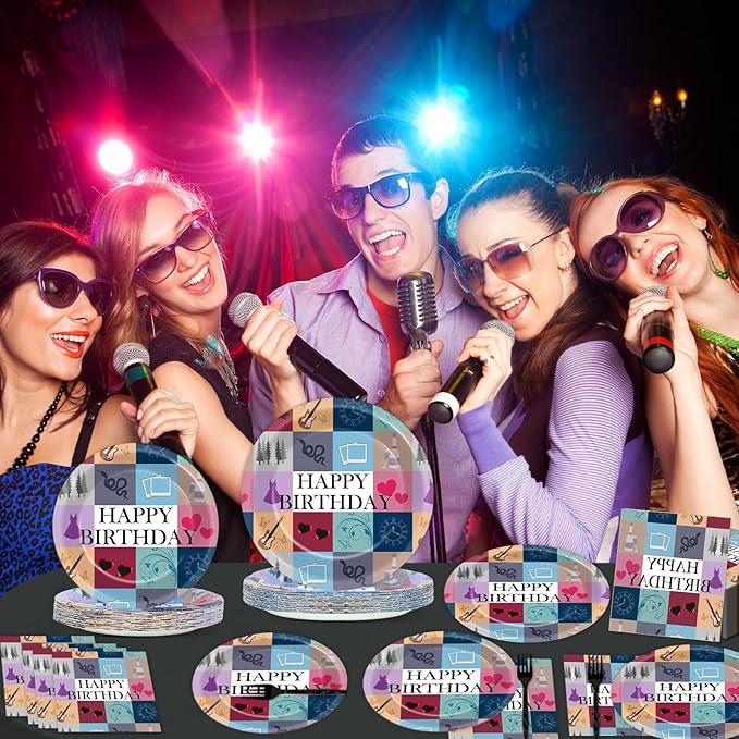 96Pcs Music star Party Plates and Napkins for Popular Birthday Table Supplies Singer Themed Paper Dessert Plates Music Fan Tableware Set for Kids Boys 24 Guests Birthday Party Decorations