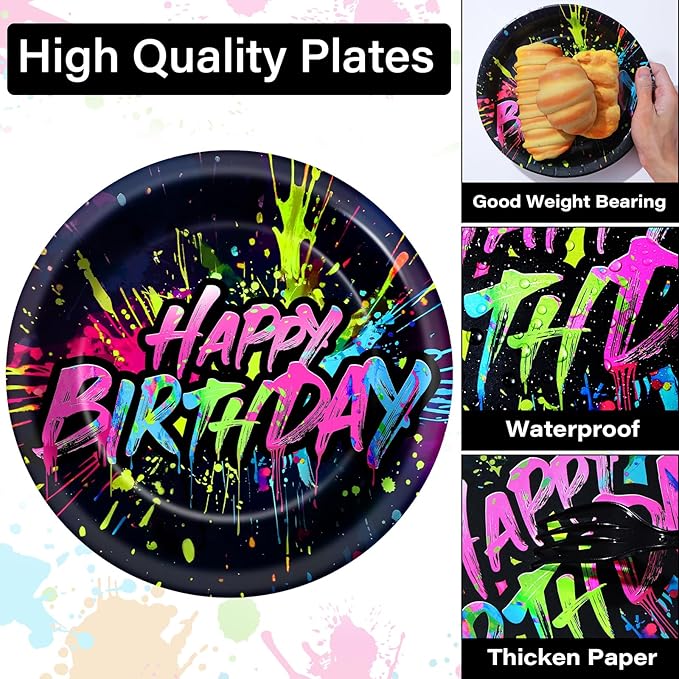 Qyeahkj 100 Pcs Neon Birthday Party Supplies Colorful Graffiti Paper Plates and Napkins Set Disposable Glow Neon Happy Birthday Tableware Decorations for Party Favors Serves 25