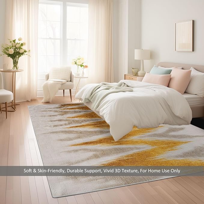 Abstract Chevron Stripes Area Rugs for Bedroom Living Room 4×5.2ft Yellow and Gray Shabby Chic Soft Non-Slip Rug, Ultra-Thin Low Pile Carpet for Kitchen Dining Room Home Office