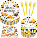 100 Pcs Construction Birthday Party Decorations, Construction Theme Plates and Napkins Forks Set, Disposable Dump Truck Tableware Set for Kids Boys Birthday Party Supplies, 25 Guests